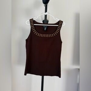 Pointelle Brown Ribbed Tank Top Women’s Size XL Studded Sleeveless Stretch